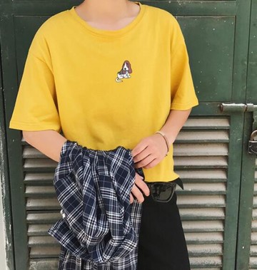 FINDSENSE MD 日系 時尚 潮 男 休閒 寬鬆 胸前卡通 小狗圖案 特色短T 短袖T恤 學生短T