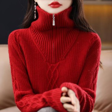 半拉鏈高領羊絨衫秋冬新年紅氣質顯瘦寬松麻花長袖針織打底衫毛衣