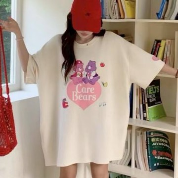 La Belleza美式愛心小熊卡通英文字印花舒適太空棉落肩長版寬鬆T恤