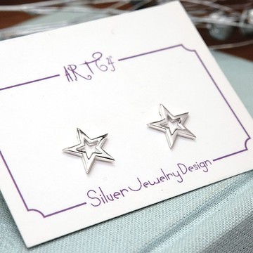 兒時回憶 鏤空星星 925純銀 針式耳環