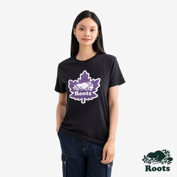 Roots女裝- MAPLE LEAF LOGO 短袖上衣-石墨黑