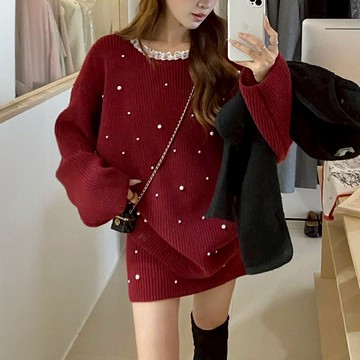 【MsMore】氣質溫柔套裝絕釘珠毛衣長袖針織半身短裙過年氛圍2件式# 124237
