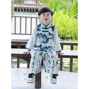 甜O kids男童長袖中國風漢服兒童洋氣闊腿褲千字文表演服兩件套