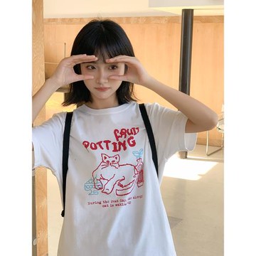 忠犬小八梨形自制印花白色短袖t恤女夏季寬松小個子可愛百搭上衣