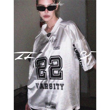 【于貞同款】22doodle原創設計蕾絲球衣拉鏈露肩超寬松短袖T恤女