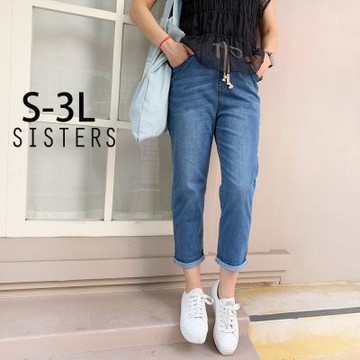 SISTERS高含棉口袋刺繡八分丹寧褲 牛仔褲/S-3L(女下著/八分褲/女褲/顯瘦/男友褲/長褲)