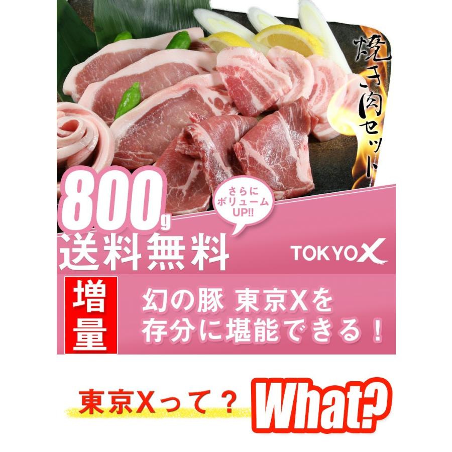 送料無料 TOKYO X 焼肉セット 800g 幻の豚肉 東京X トウキョウエックス 豚肉 肩ロース バラ肉 モモ肉 切り落とし 更におまけに100g 業務用 食品 おかず お歳暮