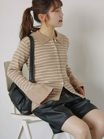 條紋翻領設計喇叭袖開襟罩衫(0F000452510) - ehka sopo