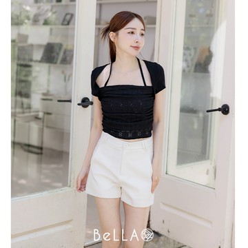 【夏季新品】BeLLA 緹花拼接繞脖上衣 黑色
