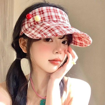 日系格紋空頂防曬帽女夏季出遊防紫外線可愛遮陽帽顯臉小太陽帽子 空頂帽子 帽子女 遮陽帽女抗uv 防曬帽子遮臉防紫外線