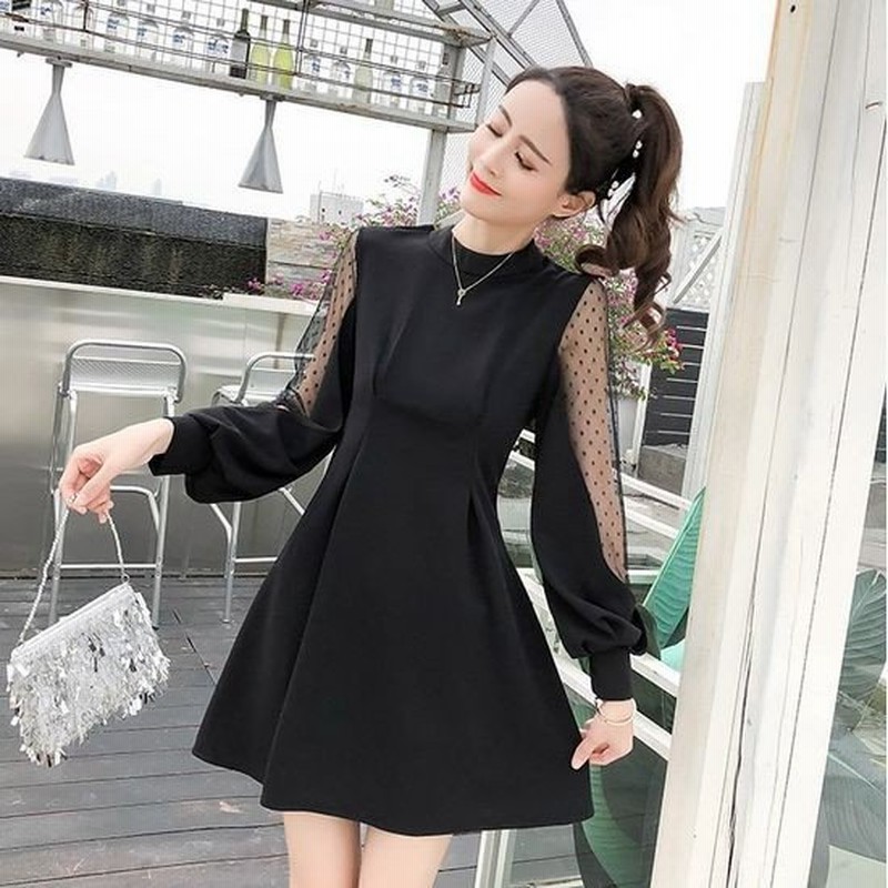 謝恩会 ワンピース ミニ 袖コン シースルー ドット かわいい フレア 長袖 ビショップスリーブ 黒 通販 Lineポイント最大1 0 Get Lineショッピング