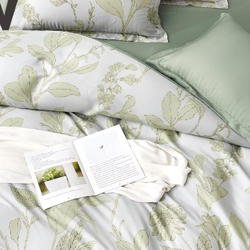 夢之語 100%頂級天絲床包兩用被組  床包 + 枕套2個 + 鋪棉兩用  Queen Size  霜綠原野  1組