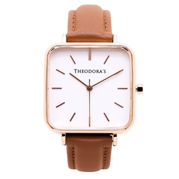 Hebe 簡約方形真皮腕錶 方形白-真皮橘棕