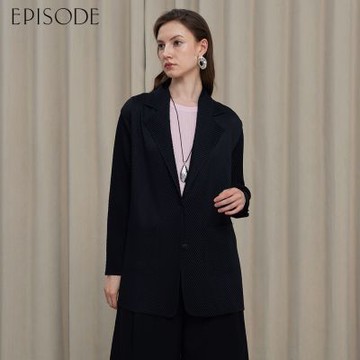 EPISODE - 百搭皺褶中長版西裝領長袖開衫外套E54002（黑）