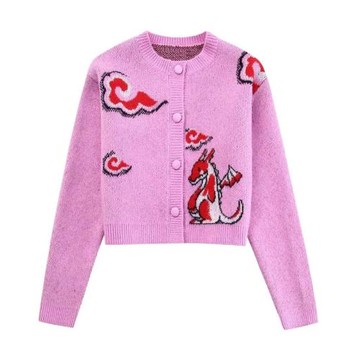 歐美風 2024春季新款女裝顯瘦百搭動物提花 針織開衫 9598007 620