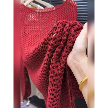 （現貨）紅色女裝針織防曬罩衫2025新款韓版網洞時尚百搭上裝潮流