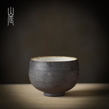黑色烏金釉品茗杯粗陶復古茶杯景德鎮純手工禪定杯單杯90ml主人杯