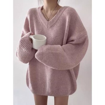 粉色軟糯毛衣女2025新款秋冬套頭高級感寬松慵內搭v領打底小個子