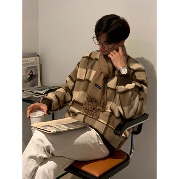 MRCYC韓系毛絨格子衛衣男寬松潮流圓領上衣潮流百搭加厚冬裝外套