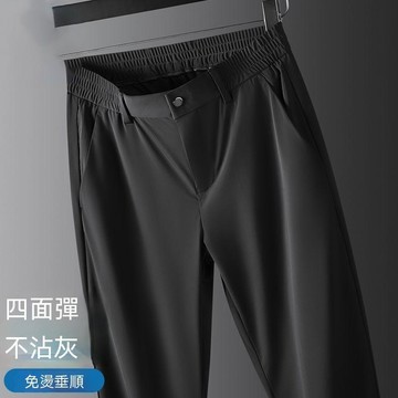 【臺灣出貨】夏季薄款半鬆緊休閒褲 男士冰絲褲子 高彈力直筒寬鬆商務西褲 四面彈休閒西褲 鬆緊腰免燙垂順長褲