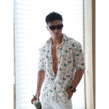 美式小眾蝴蝶毛邊流蘇設計感短袖襯衫男痞帥健身休閑防嗮襯衣外套