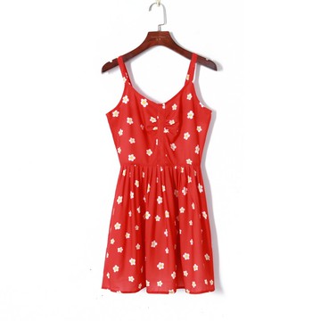 秋季女裝清新田園風印花高腰褶皺修身顯瘦減齡百搭吊帶連衣裙