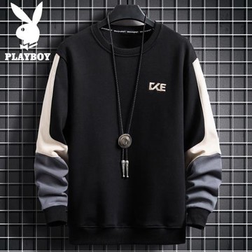 花花公子春季休閑衛衣男士拼色長袖t恤潮流寬松圓領打底上衣服男