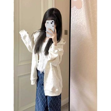 春秋2024新款碎花連帽衛衣女大碼復古chic慵懶上衣薄款開衫外套潮