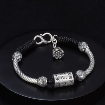 999足銀六字真言轉運珠心經手鏈男純銀復古蓮花彎管編織手繩女