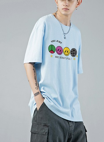 FINDSENSE X  男生笑臉印花寬輕短袖T恤