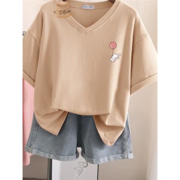 特大碼240斤V領慵懶風港味短袖T恤女潮ins胖mm顯瘦遮肚上衣服夏裝