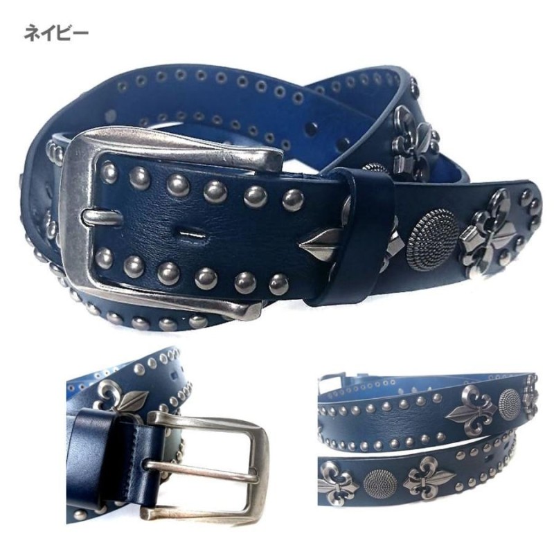 ネイビー レザー ベルト 全長1mスタッズ