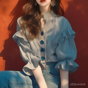 條紋荷葉邊別緻襯衫爆款上衣小衆夏季流行泡泡獨特超好看時髦洋氣夏天服飾 法式上衣 設計感女裝 日系上衣 韓國上衣 正韓上衣