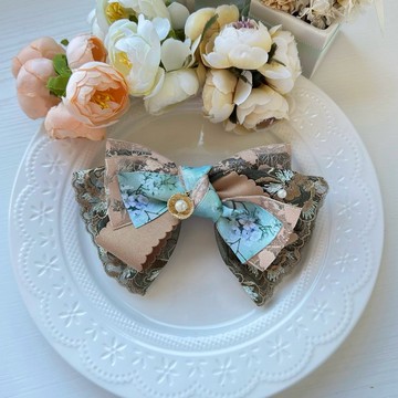 蕾絲紗蕾絲蝴蝶結彈夾髮夾髮飾頭飾-奶茶色+灰綠色