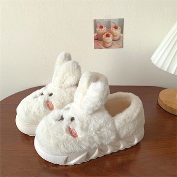 可愛兔子厚底棉拖鞋女冬季保暖防滑卡通2025新款增高毛絨包跟拖鞋