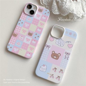 格子櫻桃小熊適用于三星S25Ultra磨砂菲林硬殼S23/S22Ultra可愛防摔手機殼S21/s23ultra/s24創意小眾保護套