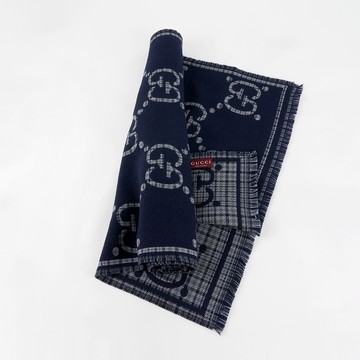 GUCCI GG Logo 格紋雙色羊毛圍巾(灰色/藍色)
