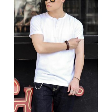 250g美式重磅男士亨利衫短袖t硬漢健身全棉復古阿美咔嘰亨利領t恤