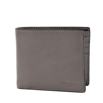 COACH 男款 滑面皮革壓印LOGO短夾-灰色附證件夾