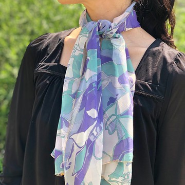 Ballett 清爽藍大理石花紋雪紡迷你圍巾 日本製造 可在家水洗