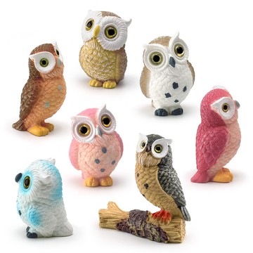 🌈「探夢動物模型」趣味卡通迷你仿真野生飛禽鳥類站木貓頭鷹樹脂模型裝飾擺件