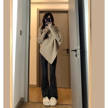 復古設計感不規則高領毛衣女秋冬2023新款小眾厚款寬松慵懶風針織