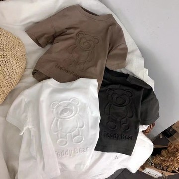 🚀台灣出貨&柔軟透氣⚡純棉中小兒童夏季新款短袖T恤男童女童可愛凹凸小熊立體印花上衣