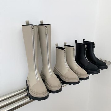 前拉鏈松糕厚底短靴女2026秋季新款真皮百搭馬丁靴顯瘦高筒靴長靴