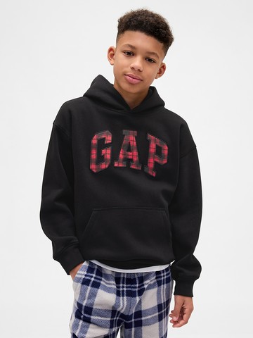 兒童裝 Logo刺繡刷毛帽T-黑色