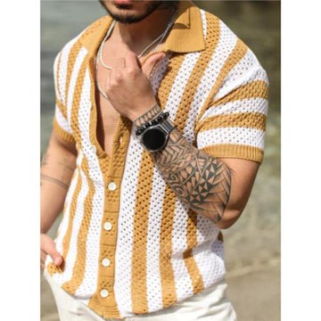 2025歐美新款男士休閑寬松鏤空條紋開衫polo衫短袖T恤Men T-Shirt