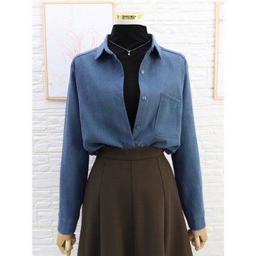 復古港風深藍色磨毛襯衫內搭女早春小個子加厚打底襯衣疊穿上衣女