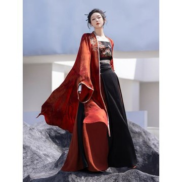 擬夢涅槃國風原創紅黑系直袖褙子四破三裥裙宋制漢服日常酷颯顯瘦