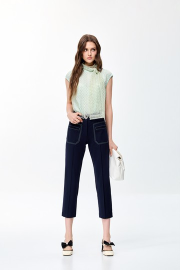 口袋鑲冰綠色邊線長褲