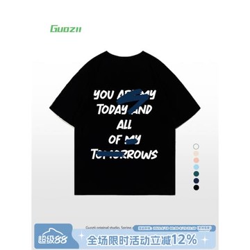 Guozii黑色潮牌設計正肩短袖t恤女男二本針純棉情侶裝休閑體恤夏